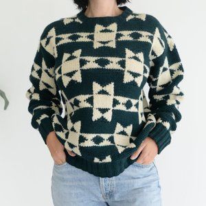 Ralph Lauren Black Label Dark Green and Cream Geometric Crewneck Sweater
